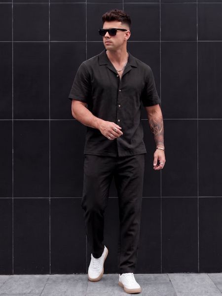Чоловічий лляний костюм сорочка та штани - чорний 1631black-S фото