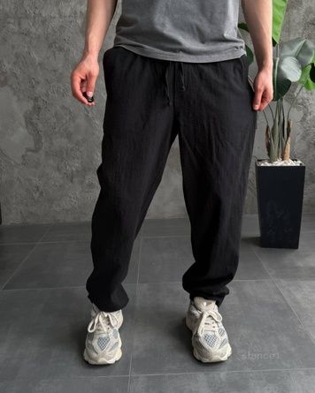 Мужские свободные льняные брюки - черные stance1-S фото