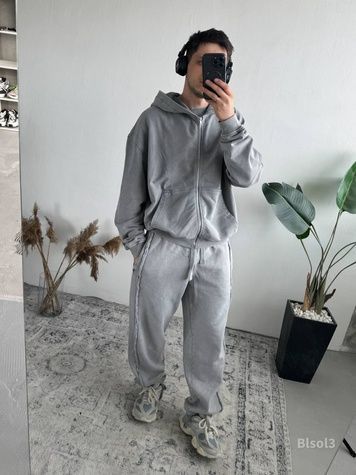 Мужской оверсайз спортивный костюм кофта + брюки - серый blsol3-S фото